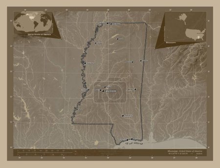 Foto de Mississippi, estado de los Estados Unidos de América. Mapa de elevación coloreado en tonos sepia con lagos y ríos. Ubicaciones y nombres de las principales ciudades de la región. Mapas de ubicación auxiliares de esquina - Imagen libre de derechos