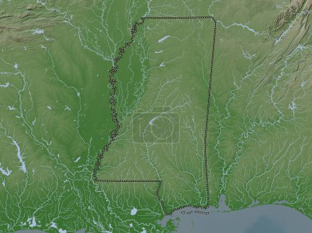 Téléchargez les photos : Mississippi, État des États-Unis d'Amérique. Carte d'altitude colorée dans le style wiki avec des lacs et des rivières - en image libre de droit