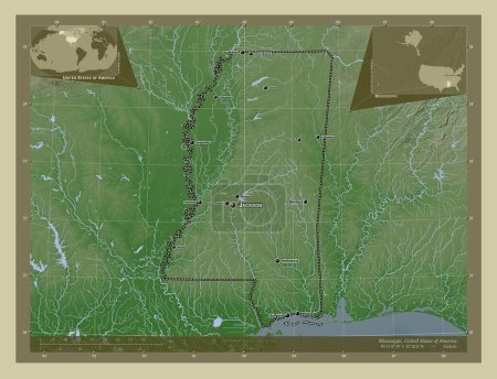 Téléchargez les photos : Mississippi, État des États-Unis d'Amérique. Carte d'altitude colorée dans le style wiki avec des lacs et des rivières. Emplacements et noms des grandes villes de la région. Corner cartes de localisation auxiliaires - en image libre de droit
