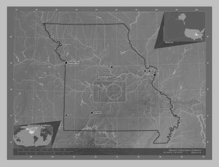 Photo for Missouri, state of United States of America. Grayscale elevation map with lakes and rivers. Locations and names of major cities of the region. Corner auxiliary location maps - Royalty Free Image