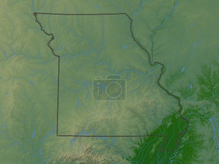 Photo for Missouri, state of United States of America. Colored elevation map with lakes and rivers - Royalty Free Image