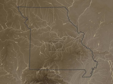 Téléchargez les photos : Missouri, État des États-Unis d'Amérique. Carte d'altitude colorée dans des tons sépia avec des lacs et des rivières - en image libre de droit