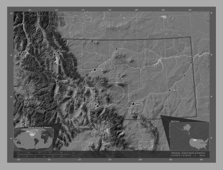 Photo for Montana, state of United States of America. Bilevel elevation map with lakes and rivers. Locations and names of major cities of the region. Corner auxiliary location maps - Royalty Free Image