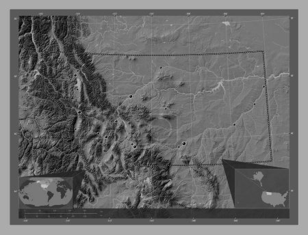 Photo for Montana, state of United States of America. Bilevel elevation map with lakes and rivers. Locations of major cities of the region. Corner auxiliary location maps - Royalty Free Image