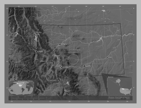 Foto de Montana, estado de los Estados Unidos de América. Mapa de elevación a escala de grises con lagos y ríos. Ubicaciones y nombres de las principales ciudades de la región. Mapas de ubicación auxiliares de esquina - Imagen libre de derechos