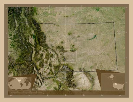 Foto de Montana, estado de los Estados Unidos de América. Mapa satelital de baja resolución. Mapas de ubicación auxiliares de esquina - Imagen libre de derechos