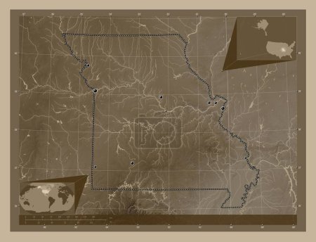 Photo for Missouri, state of United States of America. Elevation map colored in sepia tones with lakes and rivers. Locations of major cities of the region. Corner auxiliary location maps - Royalty Free Image