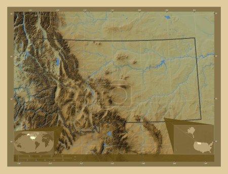 Foto de Montana, estado de los Estados Unidos de América. Mapa de elevación de colores con lagos y ríos. Mapas de ubicación auxiliares de esquina - Imagen libre de derechos