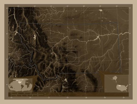 Téléchargez les photos : Montana, État des États-Unis d'Amérique. Carte d'altitude colorée dans des tons sépia avec des lacs et des rivières. Corner cartes de localisation auxiliaires - en image libre de droit