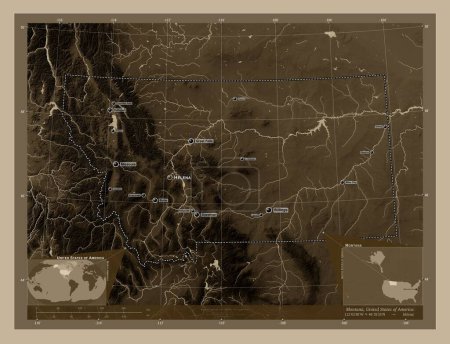 Photo for Montana, state of United States of America. Elevation map colored in sepia tones with lakes and rivers. Locations and names of major cities of the region. Corner auxiliary location maps - Royalty Free Image