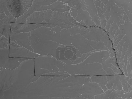 Foto de Nebraska, estado de los Estados Unidos de América. Mapa de elevación a escala de grises con lagos y ríos - Imagen libre de derechos