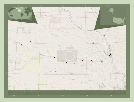 Foto de Nebraska, estado de los Estados Unidos de América. Open Street Map. Ubicaciones de las principales ciudades de la región. Mapas de ubicación auxiliares de esquina - Imagen libre de derechos