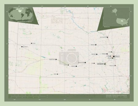 Foto de Nebraska, estado de los Estados Unidos de América. Open Street Map. Ubicaciones y nombres de las principales ciudades de la región. Mapas de ubicación auxiliares de esquina - Imagen libre de derechos