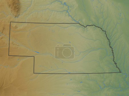 Foto de Nebraska, estado de los Estados Unidos de América. Mapa de elevación de colores con lagos y ríos - Imagen libre de derechos