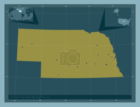 Foto de Nebraska, estado de los Estados Unidos de América. Forma de color sólido. Ubicaciones de las principales ciudades de la región. Mapas de ubicación auxiliares de esquina - Imagen libre de derechos