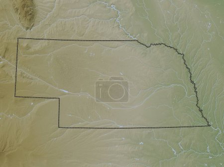 Foto de Nebraska, estado de los Estados Unidos de América. Mapa de elevación coloreado en estilo wiki con lagos y ríos - Imagen libre de derechos
