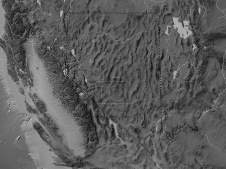 Foto de Nevada, estado de los Estados Unidos de América. Mapa de elevación a escala de grises con lagos y ríos - Imagen libre de derechos