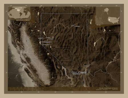 Foto de Nevada, estado de los Estados Unidos de América. Mapa de elevación coloreado en tonos sepia con lagos y ríos. Ubicaciones y nombres de las principales ciudades de la región. Mapas de ubicación auxiliares de esquina - Imagen libre de derechos
