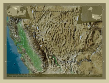 Foto de Nevada, estado de los Estados Unidos de América. Mapa de elevación coloreado en estilo wiki con lagos y ríos. Ubicaciones y nombres de las principales ciudades de la región. Mapas de ubicación auxiliares de esquina - Imagen libre de derechos