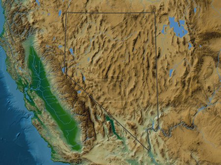 Foto de Nevada, estado de los Estados Unidos de América. Mapa de elevación de colores con lagos y ríos - Imagen libre de derechos