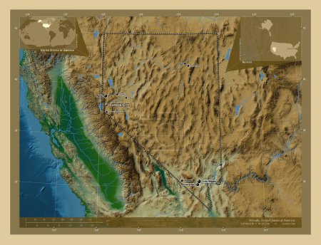 Foto de Nevada, estado de los Estados Unidos de América. Mapa de elevación de colores con lagos y ríos. Ubicaciones y nombres de las principales ciudades de la región. Mapas de ubicación auxiliares de esquina - Imagen libre de derechos