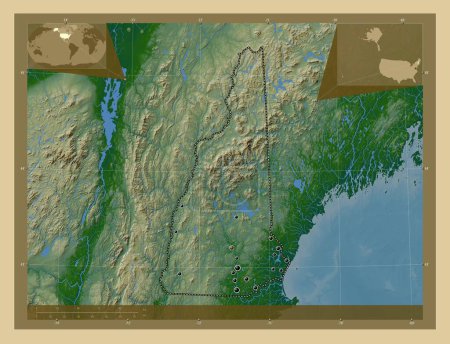 Téléchargez les photos : New Hampshire, État des États-Unis. Carte d'altitude colorée avec lacs et rivières. Emplacements des grandes villes de la région. Corner cartes de localisation auxiliaires - en image libre de droit