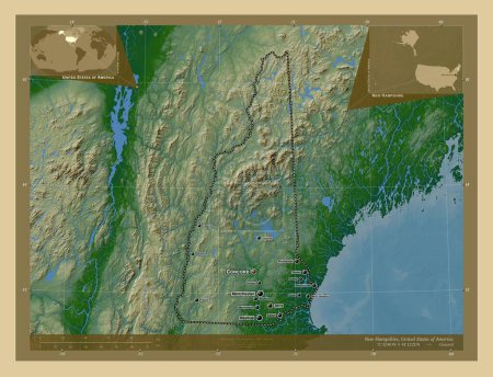 Téléchargez les photos : New Hampshire, État des États-Unis. Carte d'altitude colorée avec lacs et rivières. Emplacements et noms des grandes villes de la région. Corner cartes de localisation auxiliaires - en image libre de droit