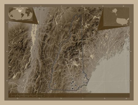 Téléchargez les photos : New Hampshire, État des États-Unis. Carte d'altitude colorée dans des tons sépia avec des lacs et des rivières. Emplacements des grandes villes de la région. Corner cartes de localisation auxiliaires - en image libre de droit
