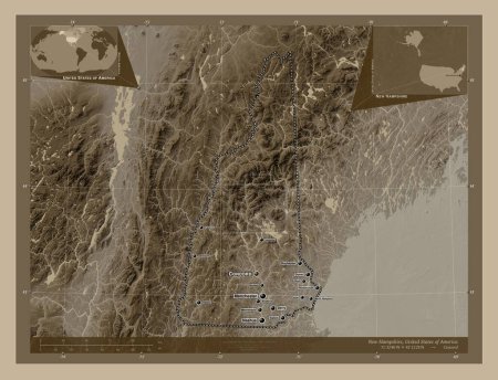 Téléchargez les photos : New Hampshire, État des États-Unis. Carte d'altitude colorée dans des tons sépia avec des lacs et des rivières. Emplacements et noms des grandes villes de la région. Corner cartes de localisation auxiliaires - en image libre de droit