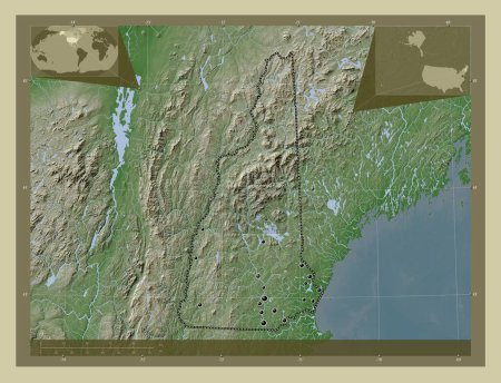 Téléchargez les photos : New Hampshire, État des États-Unis. Carte d'altitude colorée dans le style wiki avec des lacs et des rivières. Emplacements des grandes villes de la région. Corner cartes de localisation auxiliaires - en image libre de droit