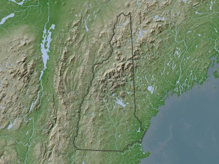 Téléchargez les photos : New Hampshire, État des États-Unis. Carte d'altitude colorée dans le style wiki avec des lacs et des rivières - en image libre de droit
