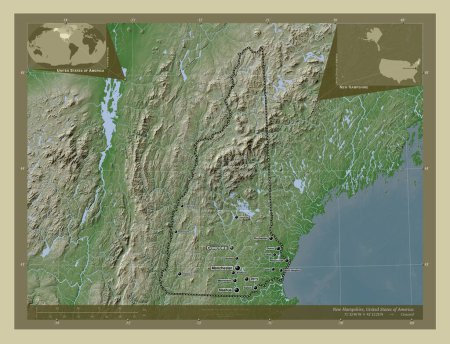 Téléchargez les photos : New Hampshire, État des États-Unis. Carte d'altitude colorée dans le style wiki avec des lacs et des rivières. Emplacements et noms des grandes villes de la région. Corner cartes de localisation auxiliaires - en image libre de droit