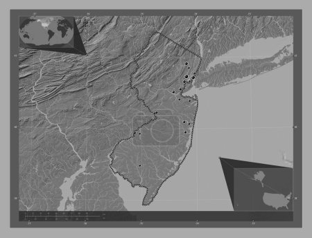Foto de Nueva Jersey, estado de los Estados Unidos de América. Mapa de elevación de Bilevel con lagos y ríos. Ubicaciones de las principales ciudades de la región. Mapas de ubicación auxiliares de esquina - Imagen libre de derechos