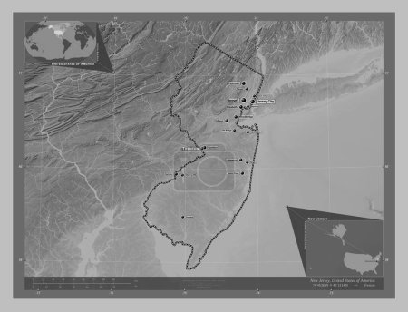 Foto de Nueva Jersey, estado de los Estados Unidos de América. Mapa de elevación a escala de grises con lagos y ríos. Ubicaciones y nombres de las principales ciudades de la región. Mapas de ubicación auxiliares de esquina - Imagen libre de derechos