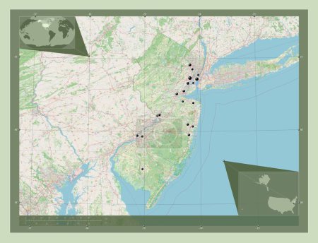 Foto de Nueva Jersey, estado de los Estados Unidos de América. Open Street Map. Ubicaciones de las principales ciudades de la región. Mapas de ubicación auxiliares de esquina - Imagen libre de derechos