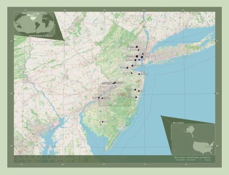 Foto de Nueva Jersey, estado de los Estados Unidos de América. Open Street Map. Ubicaciones y nombres de las principales ciudades de la región. Mapas de ubicación auxiliares de esquina - Imagen libre de derechos