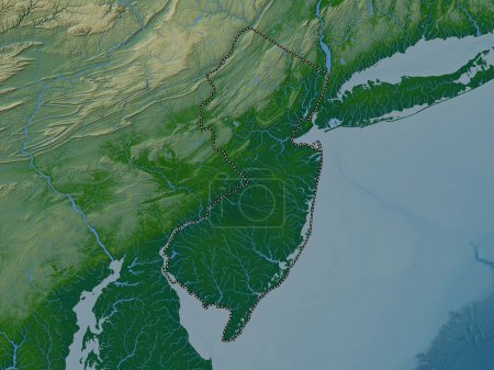 Foto de Nueva Jersey, estado de los Estados Unidos de América. Mapa de elevación de colores con lagos y ríos - Imagen libre de derechos
