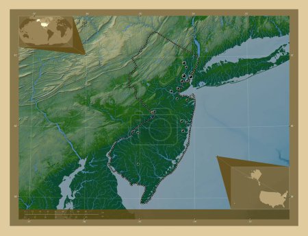 Foto de Nueva Jersey, estado de los Estados Unidos de América. Mapa de elevación de colores con lagos y ríos. Ubicaciones de las principales ciudades de la región. Mapas de ubicación auxiliares de esquina - Imagen libre de derechos