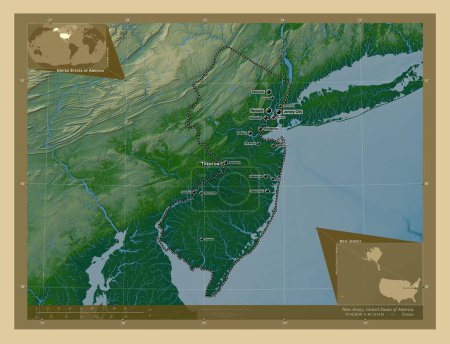Foto de Nueva Jersey, estado de los Estados Unidos de América. Mapa de elevación de colores con lagos y ríos. Ubicaciones y nombres de las principales ciudades de la región. Mapas de ubicación auxiliares de esquina - Imagen libre de derechos