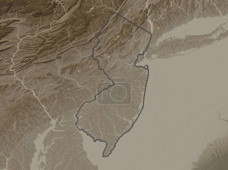 Téléchargez les photos : New Jersey, État des États-Unis d'Amérique. Carte d'altitude colorée dans des tons sépia avec des lacs et des rivières - en image libre de droit