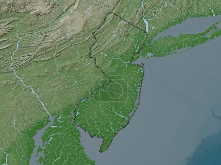 Téléchargez les photos : New Jersey, État des États-Unis d'Amérique. Carte d'altitude colorée dans le style wiki avec des lacs et des rivières - en image libre de droit
