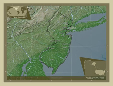 Foto de Nueva Jersey, estado de los Estados Unidos de América. Mapa de elevación coloreado en estilo wiki con lagos y ríos. Ubicaciones y nombres de las principales ciudades de la región. Mapas de ubicación auxiliares de esquina - Imagen libre de derechos