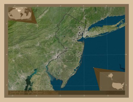 Foto de Nueva Jersey, estado de los Estados Unidos de América. Mapa satelital de baja resolución. Ubicaciones de las principales ciudades de la región. Mapas de ubicación auxiliares de esquina - Imagen libre de derechos