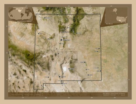 Foto de Nuevo México, estado de los Estados Unidos de América. Mapa satelital de baja resolución. Ubicaciones y nombres de las principales ciudades de la región. Mapas de ubicación auxiliares de esquina - Imagen libre de derechos