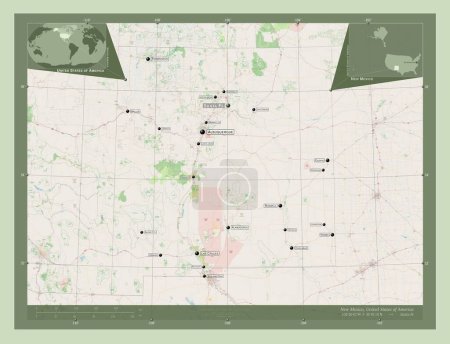 Foto de Nuevo México, estado de los Estados Unidos de América. Open Street Map. Ubicaciones y nombres de las principales ciudades de la región. Mapas de ubicación auxiliares de esquina - Imagen libre de derechos