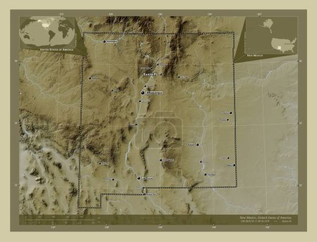 Foto de Nuevo México, estado de los Estados Unidos de América. Mapa de elevación coloreado en estilo wiki con lagos y ríos. Ubicaciones y nombres de las principales ciudades de la región. Mapas de ubicación auxiliares de esquina - Imagen libre de derechos