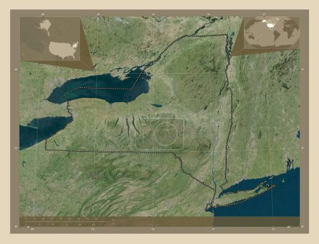 Téléchargez les photos : New York, État des États-Unis. Carte satellite haute résolution. Corner cartes de localisation auxiliaires - en image libre de droit