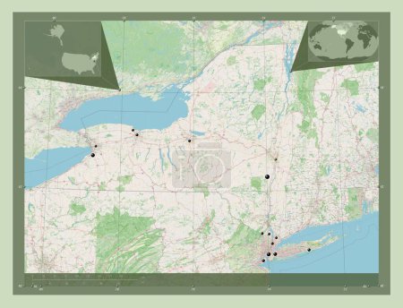 Foto de Nueva York, estado de los Estados Unidos de América. Open Street Map. Ubicaciones de las principales ciudades de la región. Mapas de ubicación auxiliares de esquina - Imagen libre de derechos