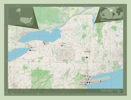 Photo for New York, state of United States of America. Open Street Map. Locations and names of major cities of the region. Corner auxiliary location maps - Royalty Free Image