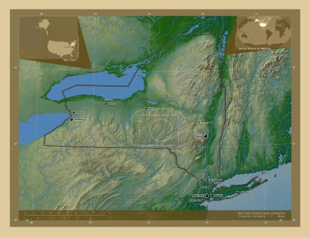 Photo for New York, state of United States of America. Colored elevation map with lakes and rivers. Locations and names of major cities of the region. Corner auxiliary location maps - Royalty Free Image